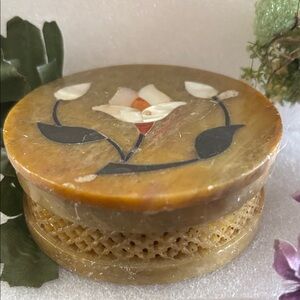 Round Carved Stone Trinket Box with Floral Inlay - Honey Amber